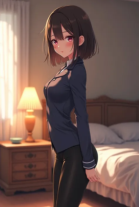 Fille 16 ans  manga anime , style personnage manga 3D, 2D manga decord, style mature,  dessin de professionnels, masterpiece,  skinny uniform , Colant noir  ,   place :bedroom 