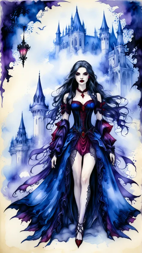 Ink and watercolor illustration on parchment. In the midst of a fantasy realm, a (mysterious (female (vampire))). lacy gothic aesthetic. contemplative. blue and dark purple. 