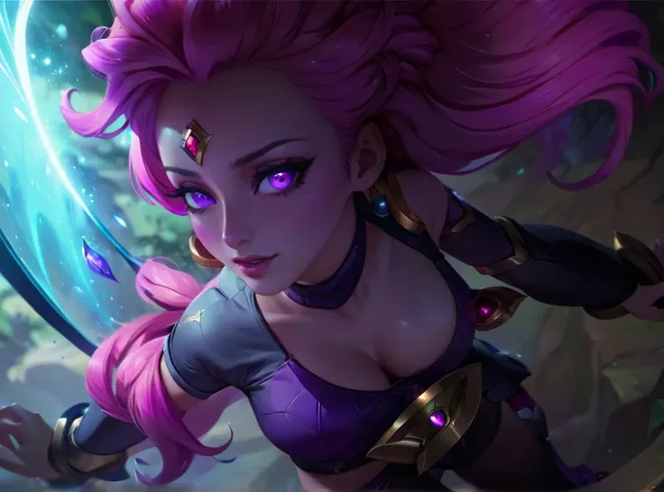 a close up of a woman with a pink hair and a purple outfit, katarina, league of legends splash art, seraphine ahri kda, splash art, fuchsia skin below the armor, league of legends character, league of legends splashart, leblanc, style league of legends, mo...