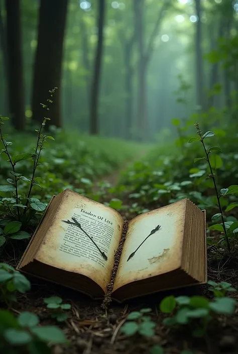 An opened book lies on the forest floor .  The book says “The Tragedy of Life - Episode One” in German