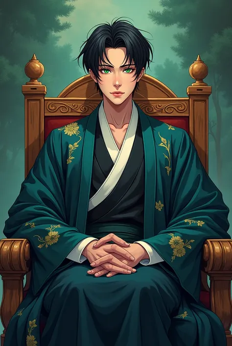  I would like .. anime..4k ... is an adult man ... with short black hair ..unfurled  ..Korean .  Verdagua eye ... high..  attractive sexy boy .. Age 26 years old physicist.  full body... full body de pie a cabeza.. Sitting in a chair of a king and wearing ...