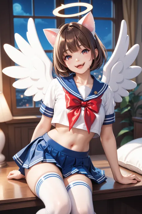 ((( sailor suit ))), out of your belly button, Mini Skirt, Western-style room,Night view outside the window, contemptuous eyes,  puff up your cheeks, Red face,  high definition ,  best quality,  high detail,  HD Model,  Very detailed,  Ultra High Definitio...