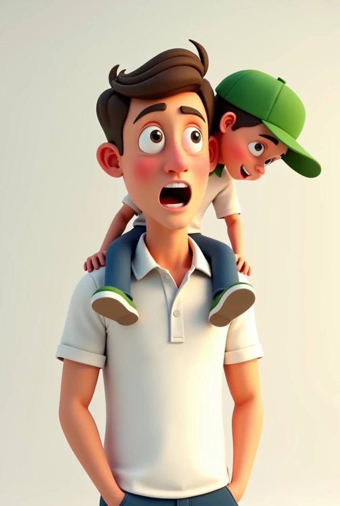 3D cartoon of a man wearing a white polo shirt and having a  boy wearing a white polo shirt and the boy wearing a green cap and sitting on the mans shoulders but at the same time only the boy bends over talking to the mans right ear.The man continues to lo...