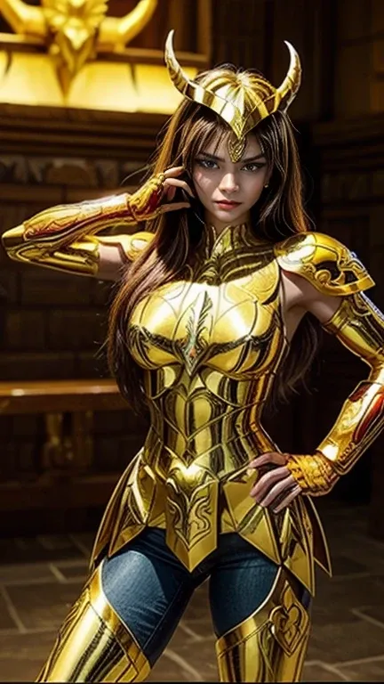 Create a cinematic 3D image of a female Scorpio warrior in golden armor.  
The armor has scorpion-inspired motifs, including a dynamic, articulated tail.  
She has long, crimson-red hair, honey-colored eyes, and a fierce, determined expression.  
Her curva...