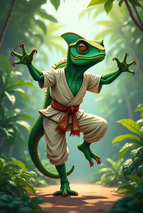  Make a strong chameleon cartoon style, dressed in capoeira clothing 