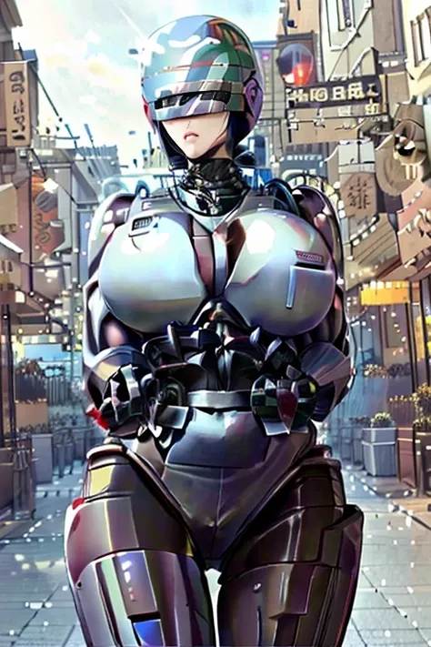 (   best quality ), (Overall view)  Hua Gai with a cool and charming face  ,RoboCop Armor     , Robocop helmet ,       beautiful and sexy young woman , 18 years old,       Toned and Muscular     ,  with a cool and handsome face   ,   sharp eye, Big Breasts