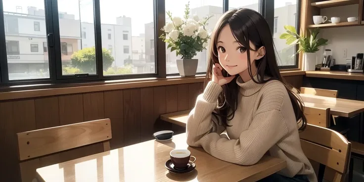 A minimalist and peaceful cafe.with elegant wooden furniture、Coffee bar.glass display cabinet 、Planting、Hanging pictures。The large and transparent window shows the street scene in good weather,Sunlight soft ambient light。Coffee cup,Delicate and smooth glaz...