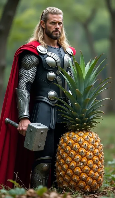 n ultra-realistic image depicting Thor, the Norse god of thunder, standing next to an ordinary pineapple. Thor is in his iconic attire, featuring a battle-worn, detailed armor, holding Mjölnir, his hammer, while his red cape flows gently in the wind. The p...