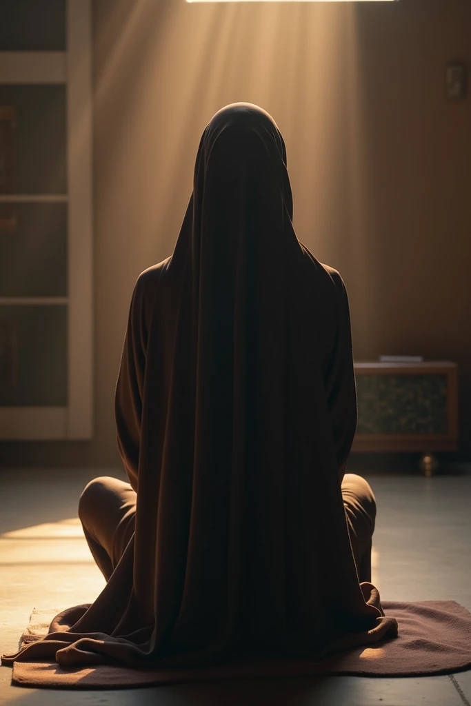 muslimah from behind, no face, at a humble space for tiktok inspo