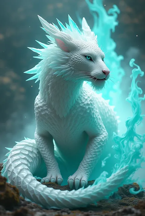 Create a white tiger dragon that has a body with a crystal design with a diamond body, throwing turquoise fire proms Chinese dragon 4k 8k 16k realistic hyperrealistic high definition texture with lighting and definition and correct brightness of the photog...