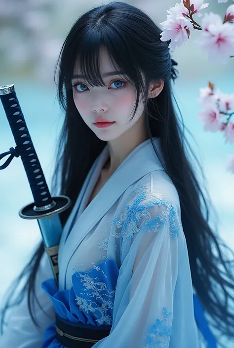  Demon Slayer screenshot of a woman with long, straight black hair with bangs on the sides.

 blue eyes,

 pale white skin ,

 a haori in shades of blue and white ,

 symbolizes water and purity .  It is decorated with patterns of waves and cherry blossoms...