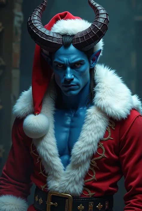 Male succubus with blue skin and horn in Santa Claus costume 