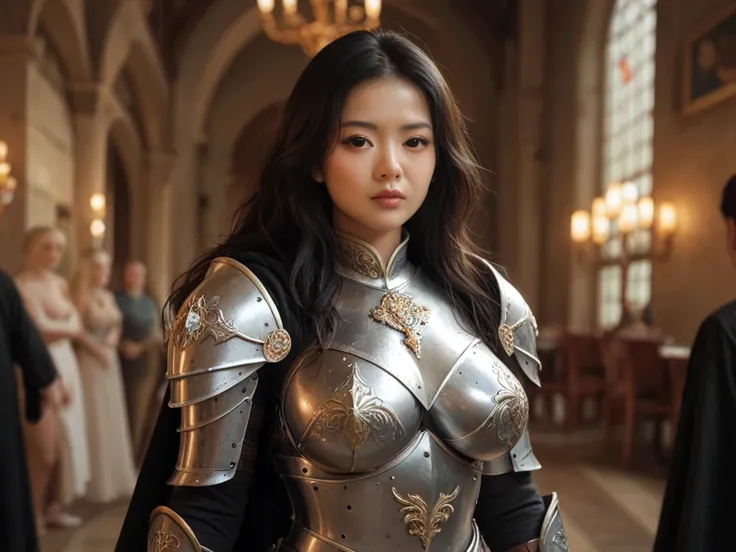 Asian,Chinese, linda, delicate face, Divine Beauty , Full Knight Armor,  black armor , loose hair,delicate face,beautiful face, curvilinear ,to hide, Big breasts , giant breasts,  WIDE HIP,it has come out, big ass, black armor ,black cloak, black eyes, bla...