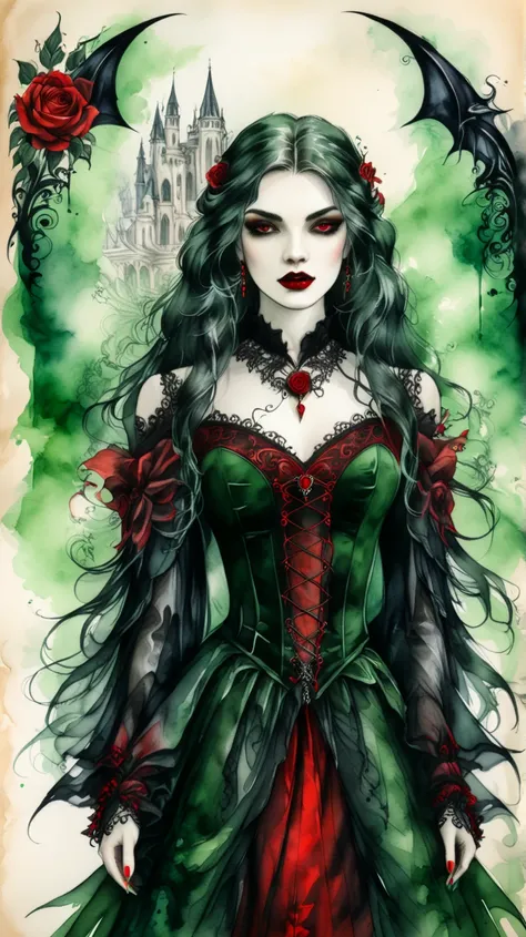 Ink and watercolor illustration on parchment. In the midst of a fantasy realm, a (mysterious (female (vampire))). lacy gothic aesthetic, red rose. contemplative. dark green and black. 