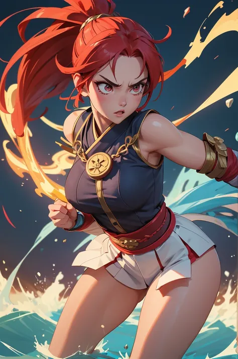 "Depict Ame-no-Uzume, the goddess of revelry and entertainment from Japanese mythology, as a fierce and agile martial artist. Her stance is one of readiness and confidence, poised in a dynamic fighting pose, exuding both grace and power. Her expression is ...