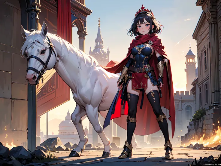  (((masterpiece, best quality, high detailed, 16k))) (1girl) A stoic, authoritative figure in shining royal armor with gold accents, representing strength and command. She wears a flowing red cape and a crown etched with powerful symbols, her presence exud...