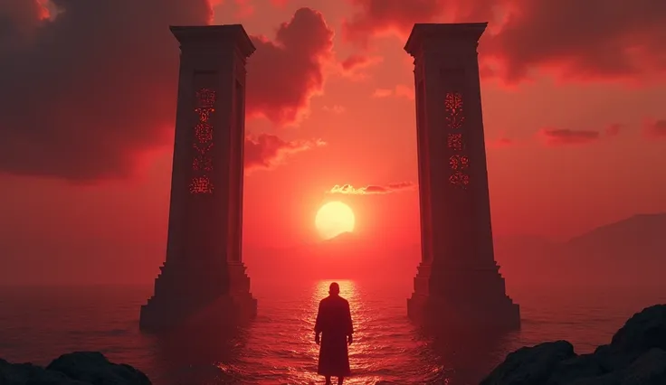 A wide-angle view of the two towering stone pillars rising majestically at the edge of the narrow strait connecting the Mediterranean to the vast ocean. Each pillar is adorned with ancient carvings that glow faintly under the crimson light, symbolizing Her...