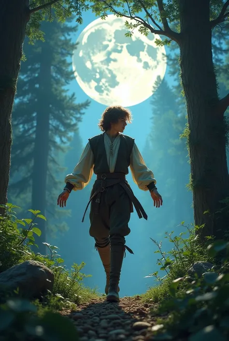 I want an image of a 15-year-old teenager who stands on his back and stands and who wears medieval clothes facing the moon and who has a forest around him and whose hair color is brown 