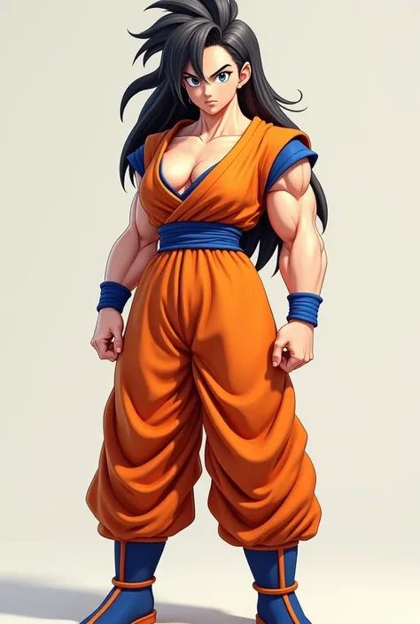 Give 6D character, comic character GOKU a woman with her orange oversized clothes, her body is muscular and sturdy, her skin is white and smooth, her face is beautiful, her eyes are sharp and cold. Big breasts, curvy body type. proportional legs, UHD, Deta...