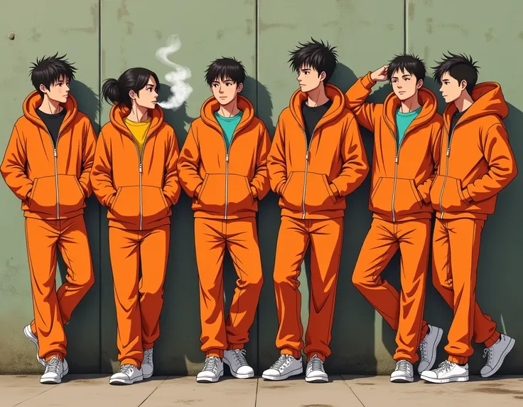  draw everyone wearing an orange jumpsuit  ,  a young man is smoking marijuana leaning against the wall, looking sideways, Draw it in anime please  