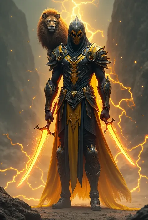 A young looking tall male character with a warrior mask completely covering the characters face and face, It is an uncapped black and yellow armor with an aura of red rays and golden water , a chimera with a lions face with a fiery mane with a feather body...