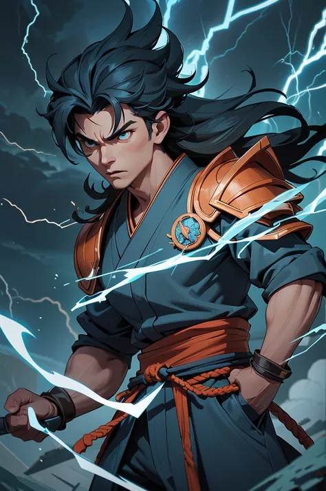 "Depict Takeminakata, the mighty thunder god of Japanese mythology, as a powerful warrior enveloped in crackling storms and fierce lightning. His imposing figure radiates divine strength, with muscles honed by centuries of battle. His expression is fierce ...