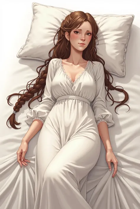 2D art, realistic, western anime, medieval villager, long brown braided hair, sleeping in a confortable bed, full body shot, white long dress, narrow waist, small breasts, wide hips, closed eyes:1.5, confortable sleep, medieval clothing, white background