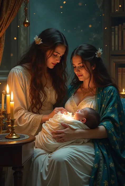 sorceresses , Long haired brunette queen helps her wife in birth