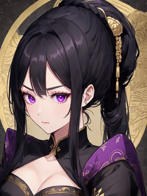  black hair、Super beautiful、Age 30、Female、 ponytail、black china dress with gold embroidery、 face up、conspiracy、intellectual、 purple eyes、Thin eyebrows、 sexy、Erotic