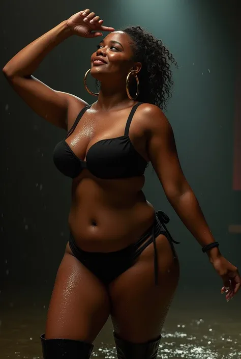 a plus-size sexy Jamaican woman with sensual expression, w earing,black bra and panties, hoop earrings ,dancing seductively in boots, wet with water on her dramatic lighting, cinematic composition, photorealistic, 8k, masterpiece