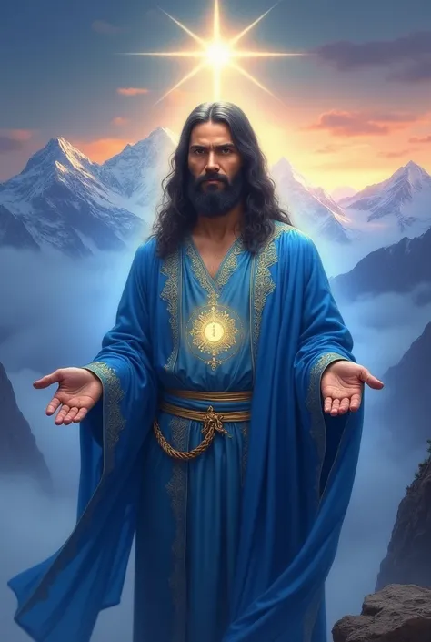 Create a majestic and serene depiction of Master El Morya, a spiritual figure of the Great White Brotherhood. Portray him as a dignified man with deep, wise eyes and a calm, commanding presence. His long, dark hair flows gently, and he has a neatly trimmed...