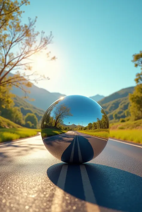 Create parallelview Side-by-side stereoscopic pictures of a chrome ball on a road. Shiny scene with sunny ambience and a lot of color 