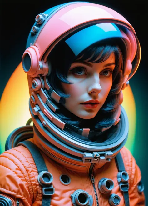  full body portrait、 ultra-realistic portrait , Abstract 1998 ,  Fashion Photos , 24mm, Long Hit, female astronaut from the 60s wearing an orange spacesuit and a large plexiglass helmet , 80 degree field of view, art：Victor Moscoso and Bridget Riley Kodak ...