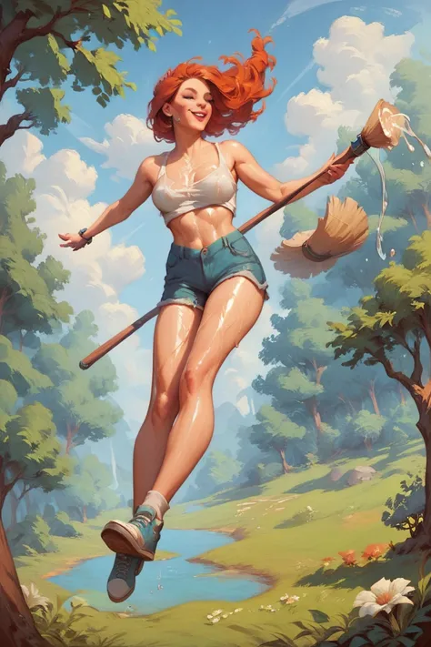  in an impressionist painting , like Manet , of a totally naked real woman , redhead, flying backwards on a broom in a blue forest ,  oil on canvas 