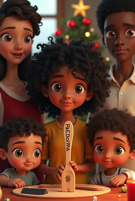  Create a wooden pedicure spatula for animated feet that has a black sandpaper and that her name is visible  :   Madelima and make a family of 5 members where she is a very very very dark girl almost black curly hair  ,  mother , White green eyes and the s...