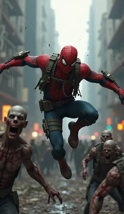 spiderman in a military outfit killing zombies