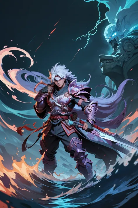 "Depict Susanoo, the fierce god from Japanese mythology, as a mighty warrior holding the legendary sword Ame-no-Murakumo-no-Tsurugi, the sword used to slay the fearsome Yamata-No-Orochi, a dragon with eight heads. His wild, flowing hair whips around him in...