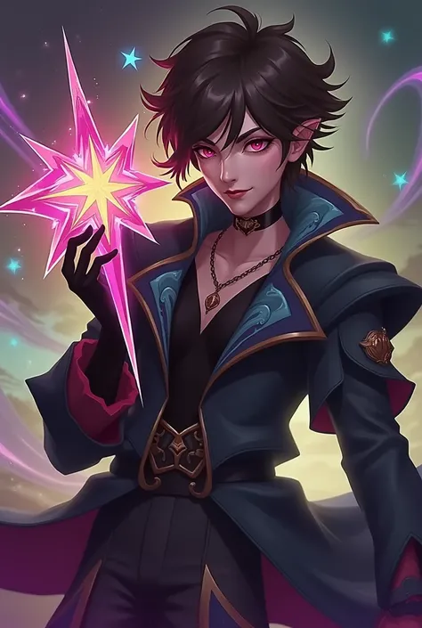 ezreal with Dark aesthetic with gothic glamour with a manopla roxa on right hand and holding a star on the left hand