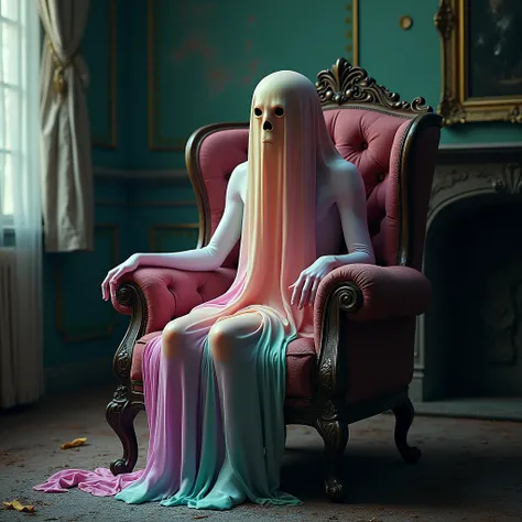 COLORFUL ghost sitting in an armchair with its head up,  the PHANTOM MERGES WITH THE FABRIC OF THE ARMCHAIR AS IF THEY WERE ONE THING,  antique armchair in a luxurious and ABANDONED bedroom ,  lots of cobwebs and dust , ALL VERY REAL AND DARK , THE GHOSTS ...