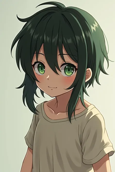  1 young boy,Black hair,  Green Eyes, Long hair, Anime,  Anatomically Correct ,  thin smile, 