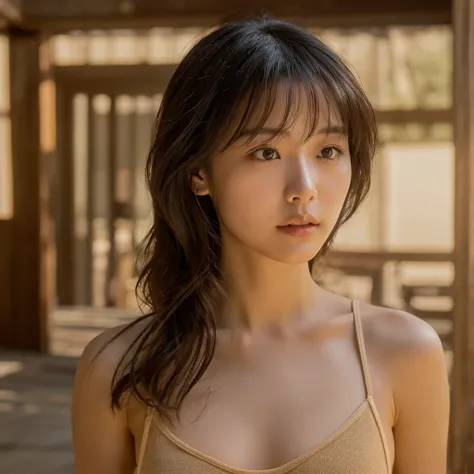 A hyper-realistic image of a single Japanese woman in her early 20s. Her skin has a warm beige tone with a natural, slightly rough texture that includes visible pores, fine lines, and subtle imperfections such as small blemishes, adding to the authenticity...