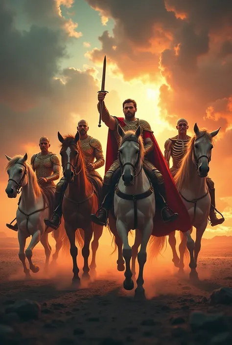 Create a cinematic, ultra-realistic depiction of the 4 Horsemen of the Apocalypse in a vibrant 8k style. The image should feature each horseman riding their respective horses, symbolizing conquest, war, famine, and death. The Horseman of Conquest should be...