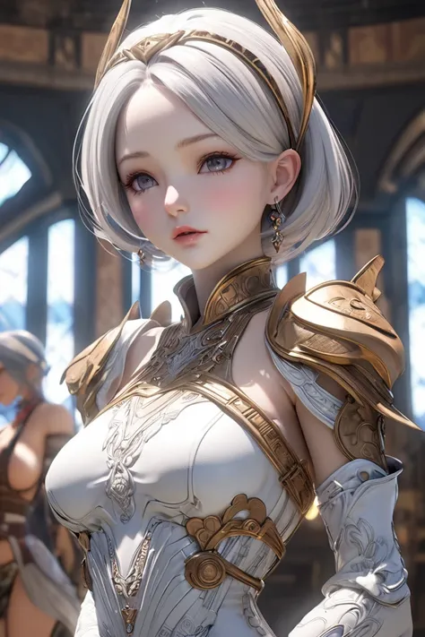 Young girl , princess clothing ,con Details of madera y ruvi,  futuristic style final fantasy xii4k ,delicate skin,stunning breasts , detailed lighting ,detailed face,dazzling skin,exposed shoulder,3D,anime art, Realistic photo,Hot expression, long eyelash...