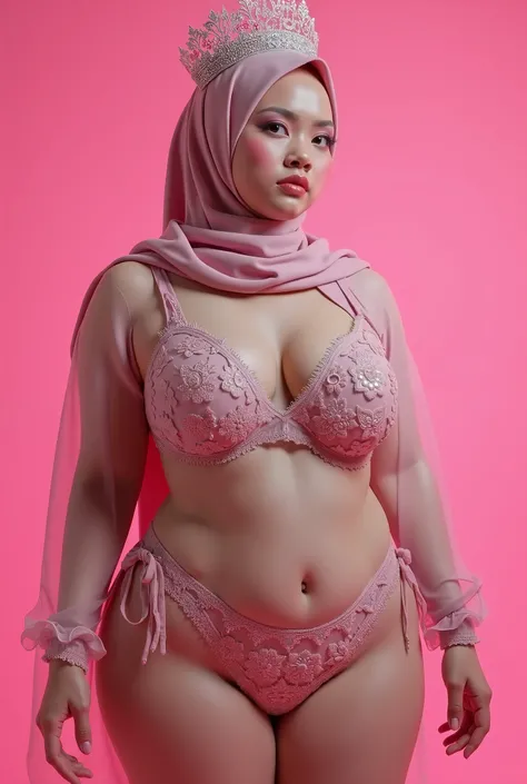 Pink background, young,big chubby ,virgin woman ,hijab ,malay,age 32,Floral Lingerie,transparent tights、short usage of white, big hips, big tits, large crown, large breast  ,sad, 
Open Mouth, Best Quality, Smile, Wide Shot, 