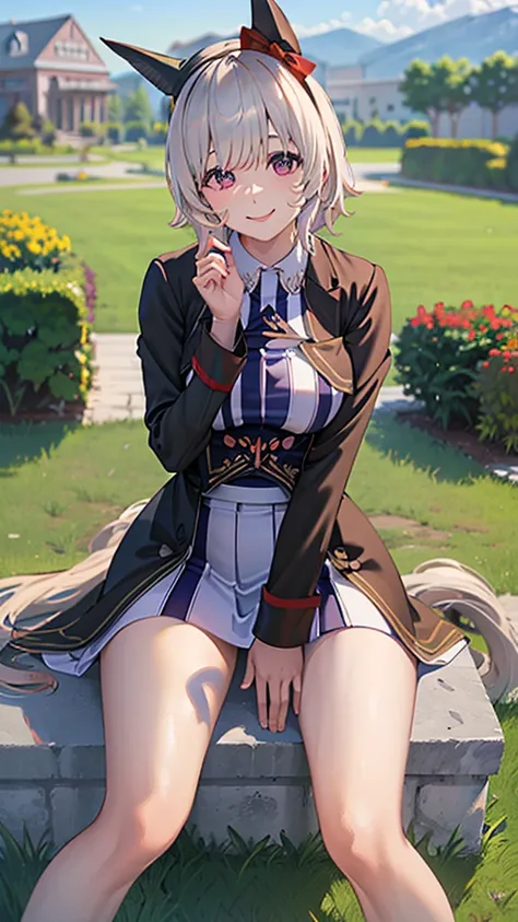 Smiling.clothes:((Buruma)). Location: On the lawn with a view of the school. Pose: Sitting on the lawn, (((legs wide apart))),(warming up).((Anatomically correct)), (Highly detailed), (Ultra HD), (Highest quality), (High resolution), (Best quality), (One P...