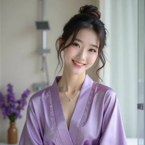 depict a realistic photo, a beautiful Korean woman with smooth white skin, wearing a modestly shaped silk kimono with a slightly lacy purple color, is in the bathroom with a sweet, thin smile looking at the camera, the background of the brushed bathroom is...