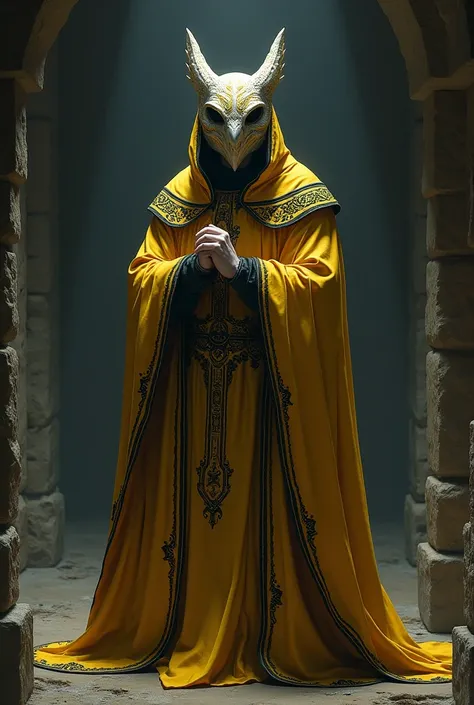 Mage wearing an eerie owl mask. Gold robes with black trim. Eerie gold and white mask. Skyrim. The Elder Scrolls. Fantasy art. Digital art. In a dark dungeon.