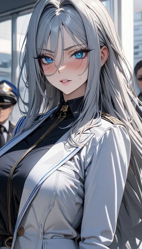 masterpiece , modern, Verism, masterpiece, super detail, best quality, 4K ,((Adult face)), woman,Wearing a white coat,Mature woman アメスク Rubia ojos azules 
Cabello azul, Plano americano, Cabello largo, Senos grandes, Ojos azules, Sexy Police 