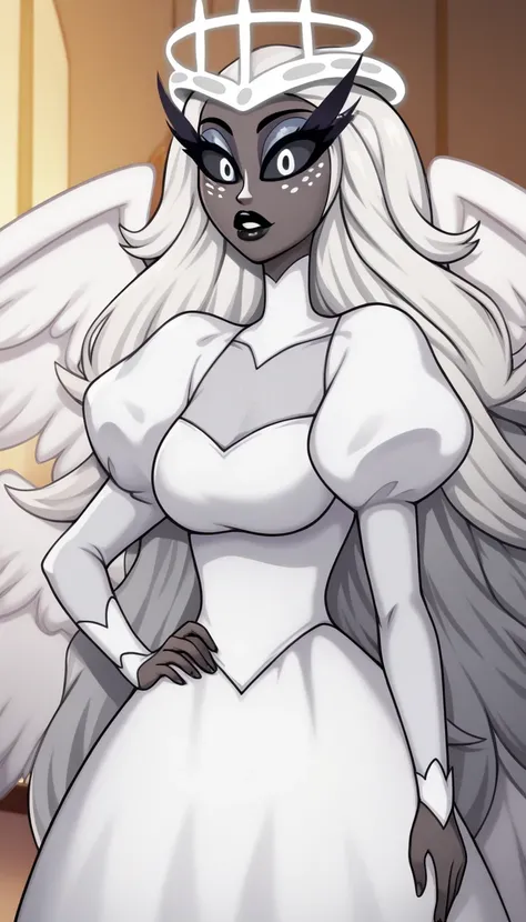 SeraHHXL, dark skin, colored skin, white nose, white freckles face, long eyelashes, makeup, black lips, grey sclera, colored sclera, black pupils, white hair, long hair, halo, glowing halo, angel wings, breasts, puffy sleeves, white dress, long slevees, lo...