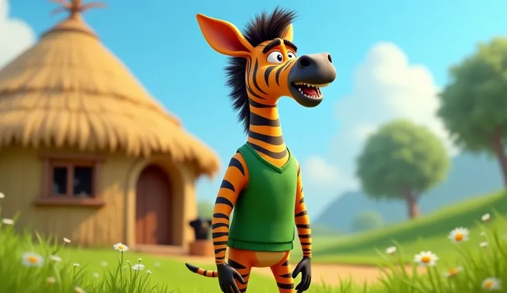  Image Zebra :  about  , black orange zebra fur ,  wearing green sleeveless shirt ,  fierce eyes ,  sharp claws standing in front of a straw house in the middle of a green field with a clear sky. style:  whimsical 3d pixar style 